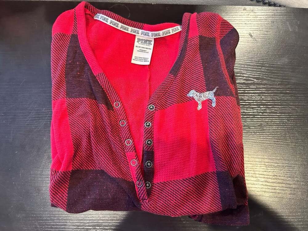 PINK Victoria's Secret Red Black Plaid Sequin Bling Thermal One Piece Pajama
